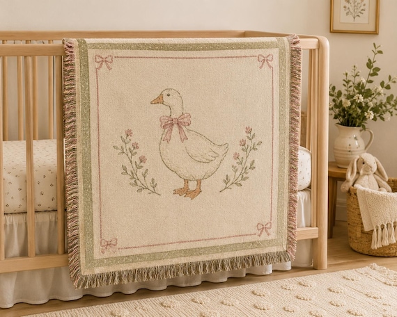 Vintage Goose Woven Blanket, Cottagecore Nursery Decor, Farmhouse Baby Blanket, Coquette Goose Throw, Rustic Nursery Gift B1F155