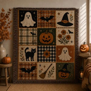 Halloween Goose Woven Blanket, Vintage Cottagecore Goose Throw Blanket, Pumpkin Daisy Fall Halloween Home Decor BRD-DG111