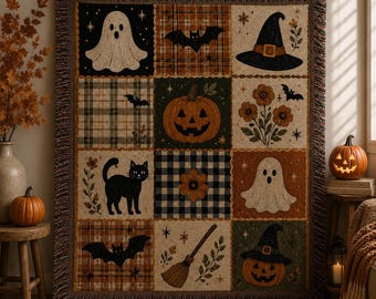 Halloween Cats Woven Blanket, Vintage Cottagecore Ghost Throw Blanket, Pumpkin Daisy Fall Halloween Home Decor BRD-DG111