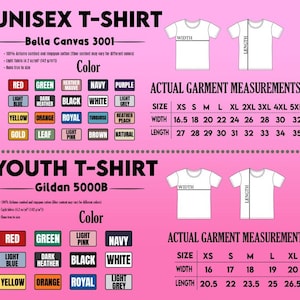Op de afbeelding: Een roze afbeelding met tekst en kleurstalen voor unisex en jeugd t-shirts. De afbeelding bevat maattabellen met afmetingen in inches voor breedte en lengte, en een lijst met beschikbare kleuren.