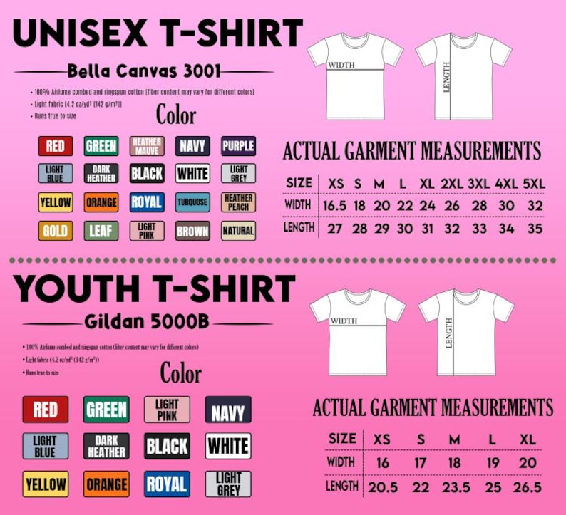 Op de afbeelding: Een roze afbeelding met tekst en kleurstalen voor unisex en jeugd t-shirts. De afbeelding bevat maattabellen met afmetingen in inches voor breedte en lengte, en een lijst met beschikbare kleuren.
