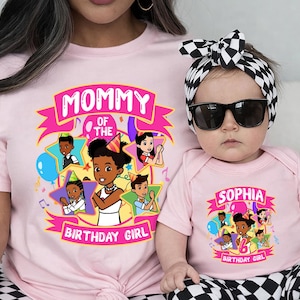 May include: Pink t-shirt with the text "MOMMY OF THE BIRTHDAY GIRL" and a cartoon graphic. A baby in a pink onesie with the name "Sophia" and a matching graphic is also shown. The baby wears sunglasses and a black and white checkered headband.