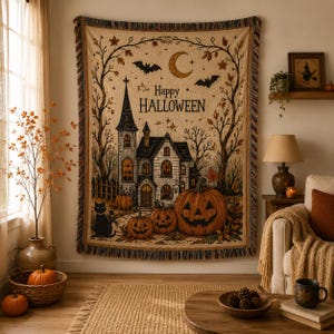 May include: A rectangular woven tapestry featuring a haunted house, pumpkins, a black cat, bats, and a crescent moon. The text "Happy HALLOWEEN" is centered at the top. The design includes bare trees and autumn leaves with a fringed border.