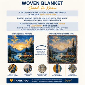 May include: An informational graphic for a woven blanket made of 100% cotton yarn. It displays a digital design of a mountain cabin at sunset next to the finished woven version, highlighting the textured, colorful threads and fringed edges.