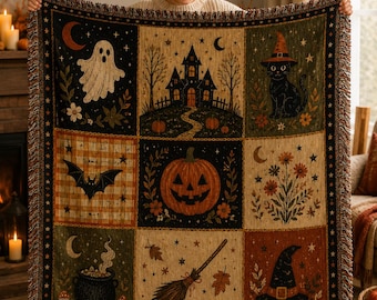 Manta tejida de Halloween, manta vintage de retazos espeluznantes, decoración de otoño para casa embrujada con gato negro, fantasma y calabaza CRD-AH209