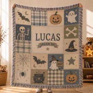 Custom Name Halloween Patchwork Woven Blanket Cute Skeleton Ghost Witch Hat Nursery Throw JRD-OOD03