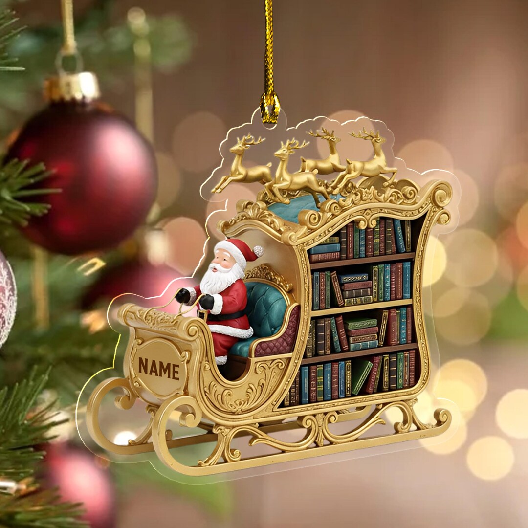 Bauble Stack Santa's Sleigh Bookshelf Christmas Ornament, Vintage Book Stack Light ...