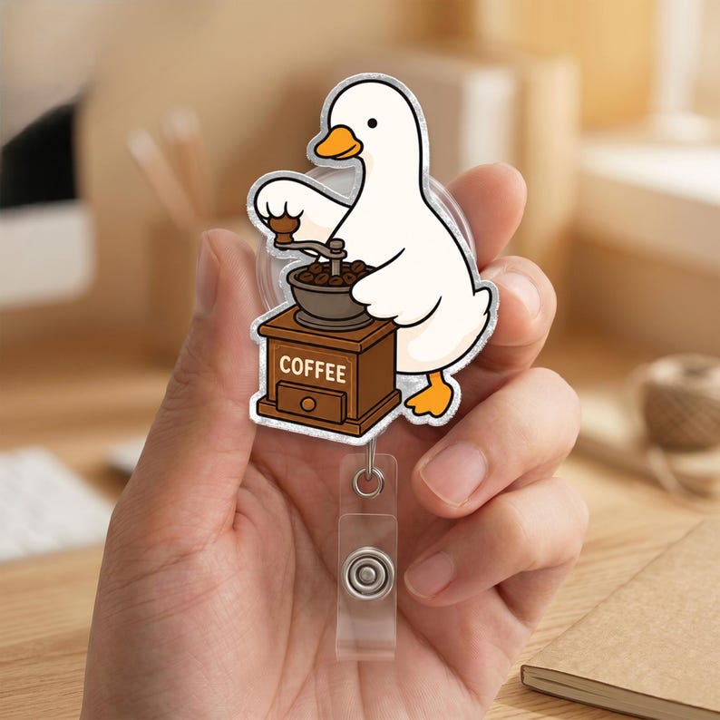 Puede incluir: Un portatarjetas con un dise&ntilde;o de pato blanco con pico y patas naranjas, moliendo granos de caf&eacute; en un molinillo de madera marr&oacute;n con la palabra COFFEE impresa al frente. El dise&ntilde;o es de estilo caricatura con un acabado acr&iacute;lico transparente y brillante.
