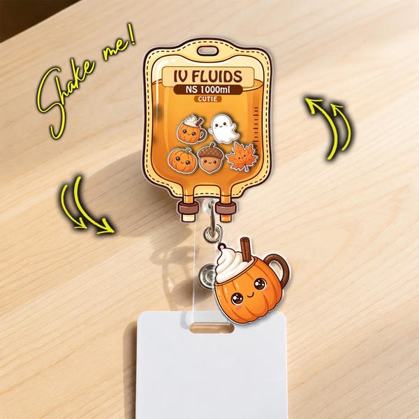 Pumpkin Spice IV Bag Shaker Badge Reel Fall Ghost Autumn Nurse ID Holder Clip JDOS14