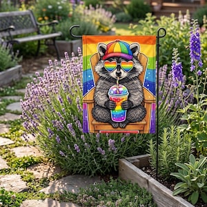 May include: A colorful garden flag features a raccoon wearing a rainbow hat and heart-shaped sunglasses, sitting in a wooden chair. The raccoon is holding a rainbow-colored drink. The flag has a rainbow background and is displayed in a garden setting.
