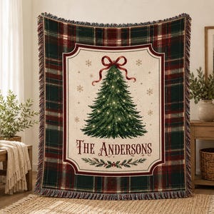Personalized Christmas Woven Blanket, Family Name Plaid Holiday Throw, Christmas Tree Cozy Winter Home Decor Gift CRD-AH201