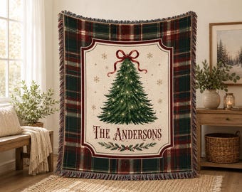 Personalized Christmas Woven Blanket, Family Name Plaid Holiday Throw, Christmas Tree Cozy Winter Home Decor Gift CRD-AH201