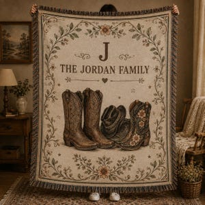 May include: A woven throw blanket in beige featuring a large letter J, the text THE JORDAN FAMILY, and a heart icon. The design includes illustrations of three brown cowboy boots and a cowboy hat, all framed by a floral vine border with fringe.