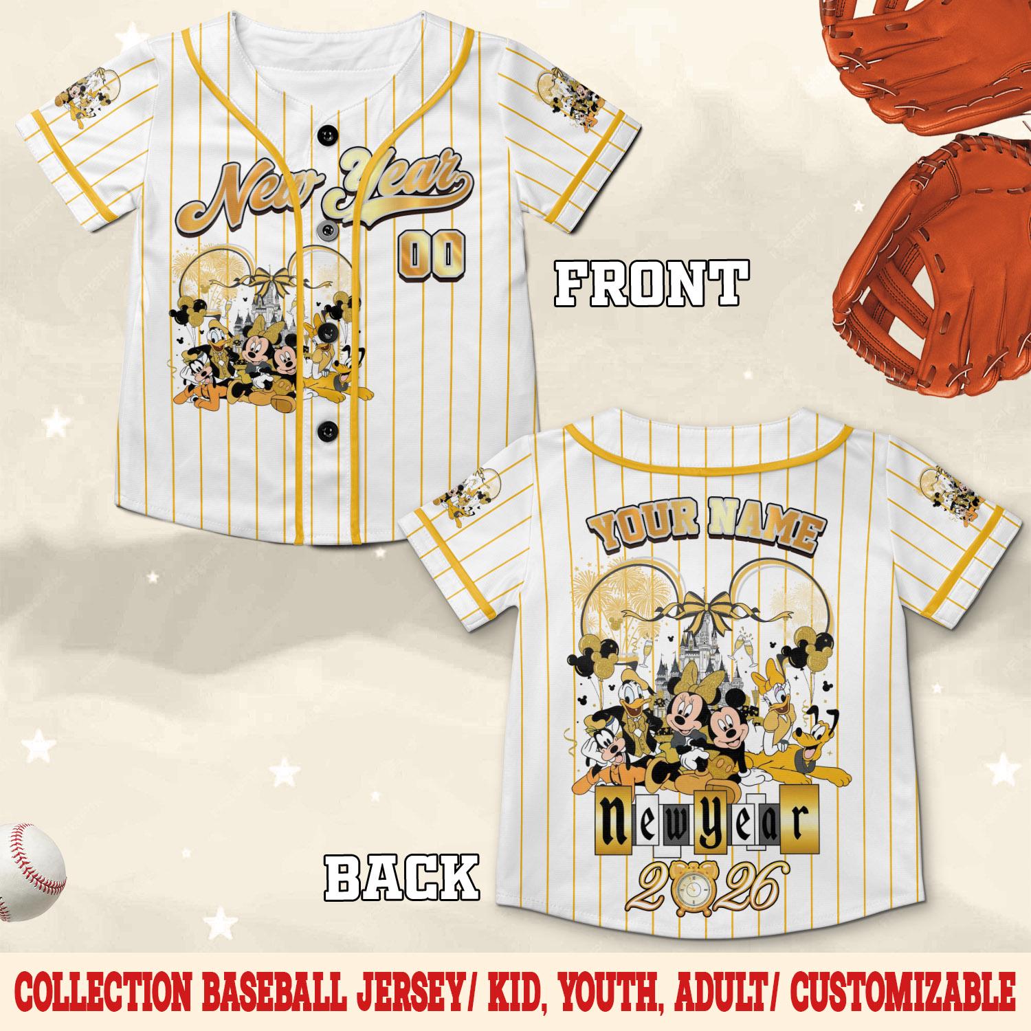 Discover Personalized Disney Mickey & Friends Castle New Year 2026 Baseball Jersey, Custom Happy New Year Jerseys, Family Disneyland