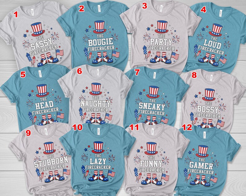 May include: A selection of twelve short-sleeved t-shirts with different phrases related to fireworks. Each shirt features a patriotic Uncle Sam hat, fireworks, and the American flag. The phrases include "Sassy," "Bougie," and "Gamer."