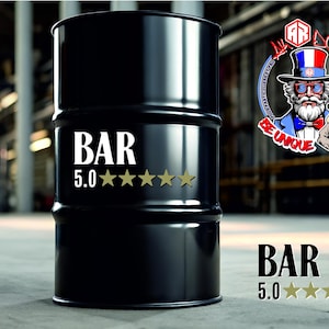 May include: A black metal drum featuring the white text BAR and 5.0 followed by five gold stars. In the upper right corner, a circular logo depicts a bearded man in a top hat with the French flag colors, the text AR DESIGN, and BE UNIQUE.