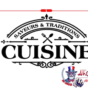 Peut inclure: Panneau noir et blanc « Cuisine » avec les mots « Saveurs & Traditions » et une icône de fourchette et de cuillère. Le mot « CUISINE » est en gras. Un dessin animé d'un homme en chapeau haut de forme pointe vers le spectateur.