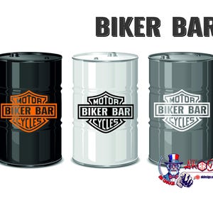 May include: Three cylindrical metal barrels in black, white, and gray, each featuring a shield-shaped logo with the text MOTOR BIKER BAR CYCLES. The words BIKER BAR appear in large bold letters above the barrels, with a small logo in the bottom right.