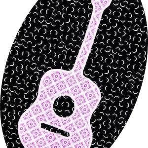 May include: A pink and white guitar with a floral pattern on a black background with a white polka dot pattern.
