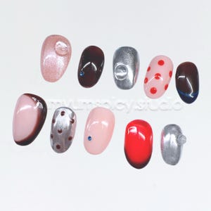 chocolate cherry pop short press-on nails | strawberry kawaii polka dot & silver metallic gel nail set | reusable korean style nails