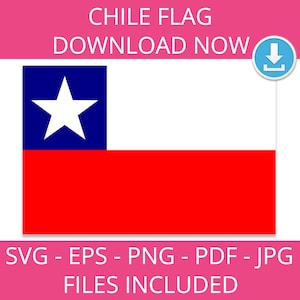 May include: The flag of Chile, a blue rectangle with a white five-pointed star in the upper left corner, is above a red rectangle. The text "CHILE FLAG DOWNLOAD NOW" is above the flag, and the text "SVG - EPS - PNG - PDF - JPG FILES INCLUDED" is below the flag.