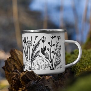 Plant Illustration Enamel Mug | Botanical Camping Mug | Gift for Plant Lovers | Garden Lover Mug | Nature Inspired Outdoor Coffee Cup
