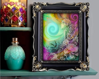 Rainbow Art Print with Flowers, Swirls, and Magical Sparkles - "Flower Child"