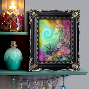 Rainbow art print with flowers, swirls, and magical sparkles called "Flower Child" displayed on a shelf in a black frame