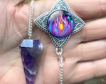 Amethyst Crystal Pendulum with Violet Flame Art Pendant by Primal Painter called "Transmutation"
