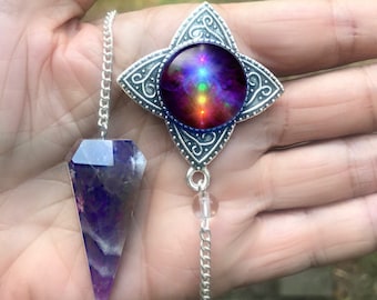 Amethyst Crystal Pendulum with Metaphysical Chakra Art Pendant by Primal Painter called "Chakra Healing"