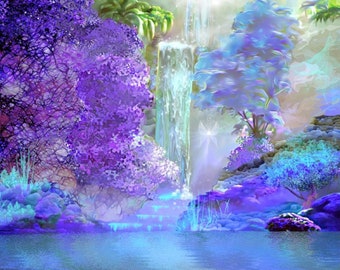 Violet Dreamscape Nature Print, Impressionist Art Landscape with Purple Blue Flowers - "Serenity Waterfall"