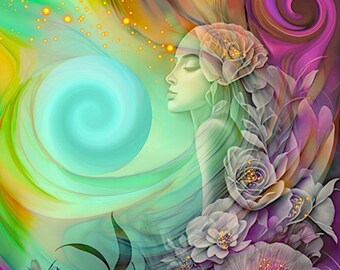 Rainbow Goddess Art Print, Hippie Psychedelic Artwork with Symbolism - "Flower Child