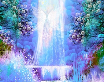 Blue Waterfall Impressionist Art Print, Ethereal Dreamscape Fantasy Art, Nature Home Decor - "Water Sprite"