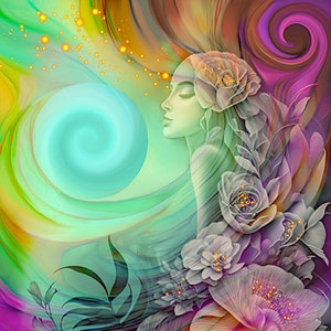 Rainbow Flowers Goddess Art Print with Swirls by Primal Painter