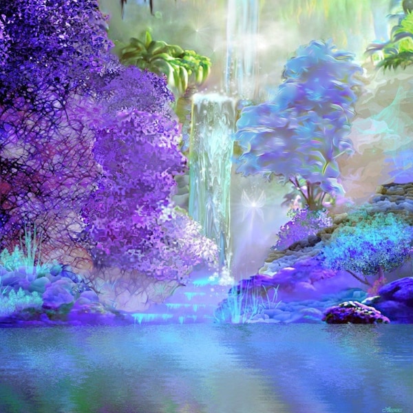 Violet Dreamscape Nature Print, Impressionist Art Landscape with Purple Blue Flowers - "Serenity Waterfall"