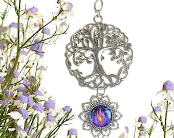 Tree of Life Pewter Ornament with Violet Flame Fairy Art Pendant, Meaningful Gift - "Transmutation"