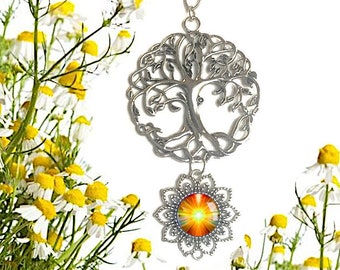 Orange Sunburst Art Ornament with Pewter Tree of Life, Meaningful Gift   - "Light Being"
