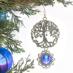 Pewter tree of life ornament with a flower shaped pendant featuring a violet angel art print by Primal Painter