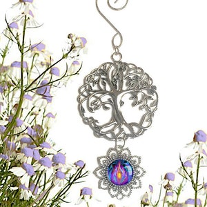 Tree of Life Pewter Ornament with Violet Flame Fairy Art Pendant, Meaningful Gift Transmutation image 1