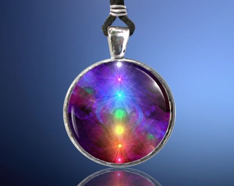 Rainbow Chakra Necklace, Reiki Energy Jewelry, Original Art Pendant titled "Chakra Healing"