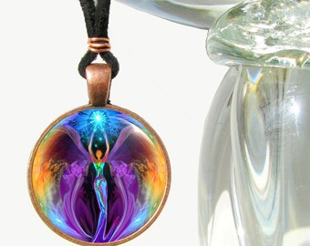 Fairy Art Necklace, Rainbow Pendant,  Psychedelic New Age Jewelry by Primal Painter - "Embrace Light"