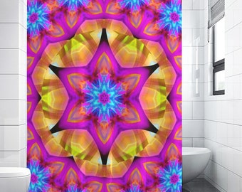 Waterproof Shower Curtain, Mandala Art, Bright Flower Pattern - "Connections"