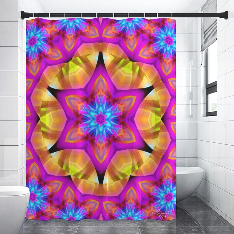 Waterproof Shower Curtain, Mandala Art, Bright Flower Pattern Connections image 1