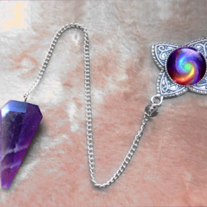 Amethyst Crystal Pendulum with Metaphysical Chakra Art Pendant by Primal Painter called Chakra Swirl image 3