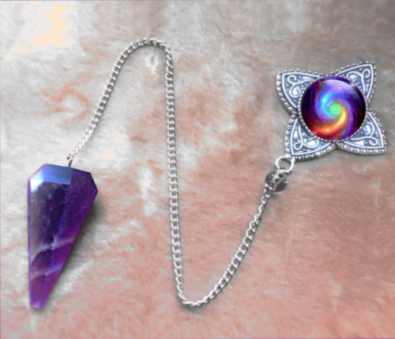 Amethyst Crystal Pendulum with Metaphysical Chakra Art Pendant by Primal Painter called Chakra Swirl image 3