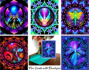 Set of 5 Mandala Art Greeting Cards, Uplifting Angel Notecards, Inspirational Thank You Note