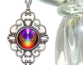 Chakra Jewelry, Diamond Shape Reiki Rainbow Pendant, Angel Wings Heart Necklace - "Chakra Heart"