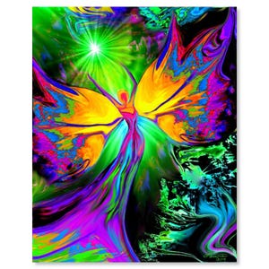 May include: Abstract painting of a colorful butterfly with a human-like figure in the center. The butterfly is surrounded by a swirling, vibrant background of green, blue, purple, and yellow.