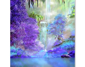 Violet Dreamscape Nature Print, Impressionist Art Landscape with Purple Blue Flowers - "Serenity Waterfall"