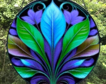 Stained Glass Jewel-Tones Suncatcher — Textured Botanical Window Art